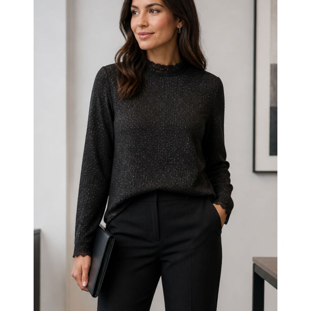 LOGO Black Glittery Large Women's Lace Trim Long Sleeve Stretchy Tunic Shirt
